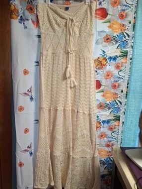 Anthropologie FARM  Cream Crochet Tiered Maxi Dress SIZE Small